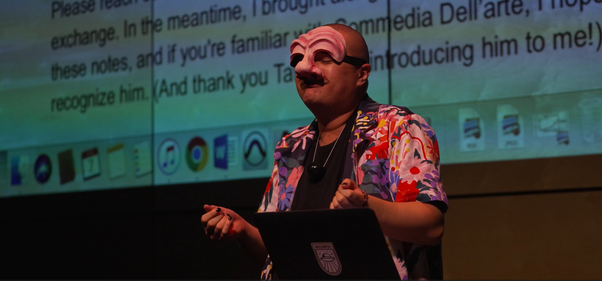 An appearance of Commedia Dell’arte character, Il Dottore. Reading through some of Jung’s notes on individuation, the personal shadow, and the myth of the trickster in The Shadow and the Fool. Screenshot taken from archival video shot by Katie Cutting.